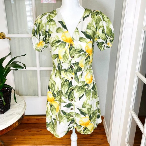 H&M Dresses & Skirts - H&M Linen Blend Womens sz S Lemon Leaf Puff Sleeves Button Down Mini Dress